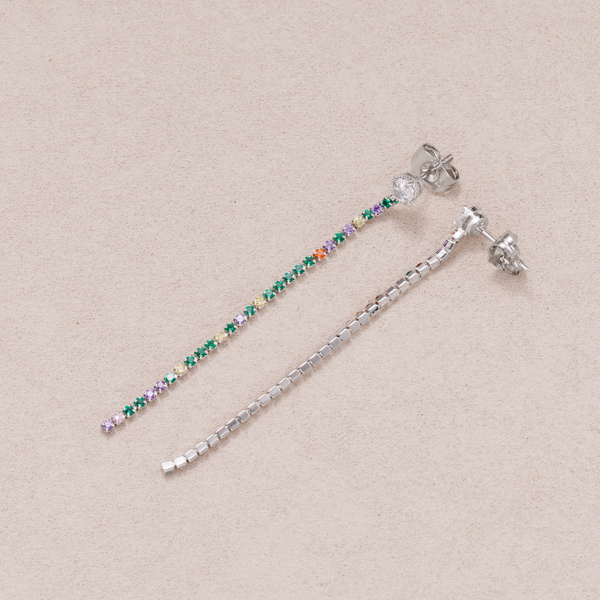 Rhodium Plated Micro Paved CZ Rainbow Linear Drop Stud Earrings