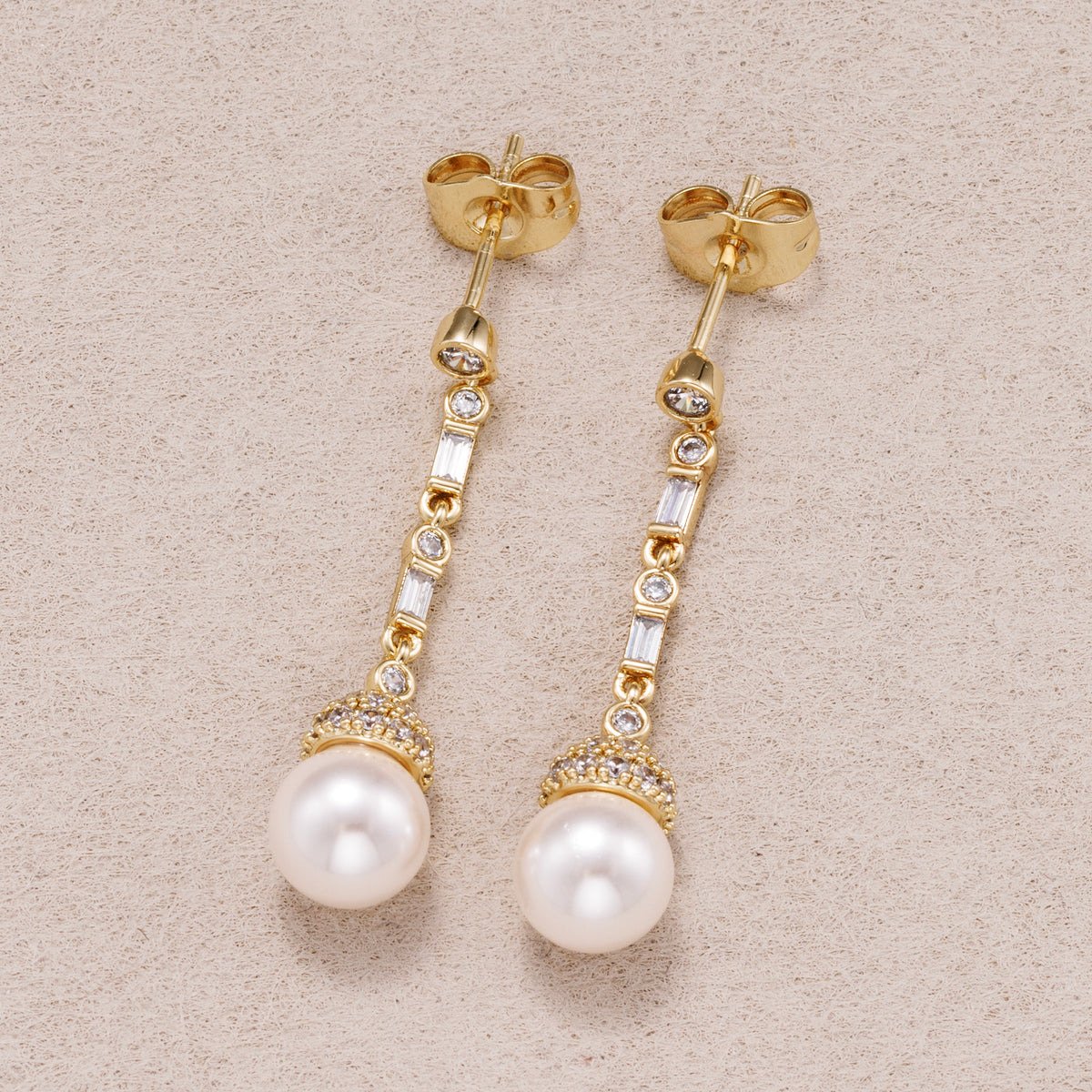 14K Gold Plated Shell Pearl Baguette CZ Drop Stud Earrings