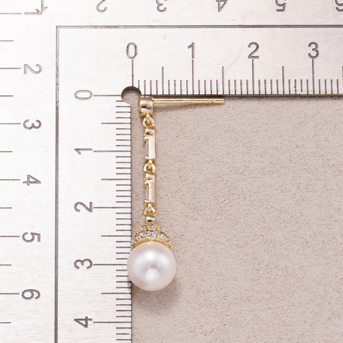 14K Gold Plated Shell Pearl Baguette CZ Drop Stud Earrings
