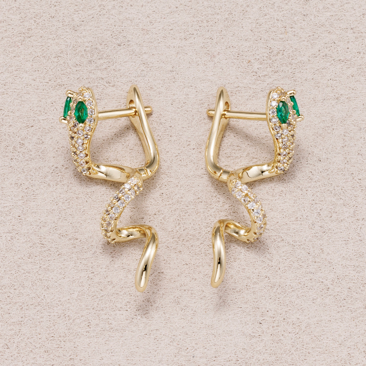 14K Gold Plated Micro Paved CZ Blue & Green Eyed Snake Hoop Earrings