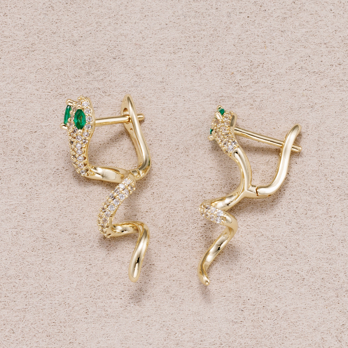 14K Gold Plated Micro Paved CZ Blue & Green Eyed Snake Hoop Earrings