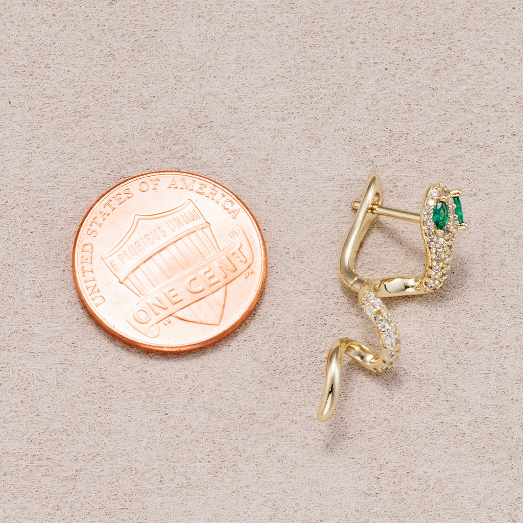 14K Gold Plated Micro Paved CZ Blue & Green Eyed Snake Hoop Earrings