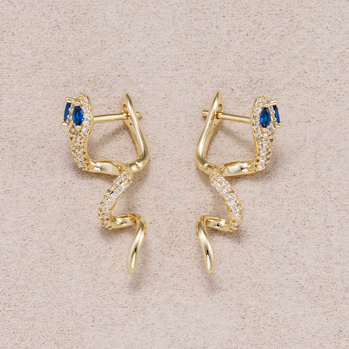 14K Gold Plated Micro Paved CZ Blue & Green Eyed Snake Hoop Earrings