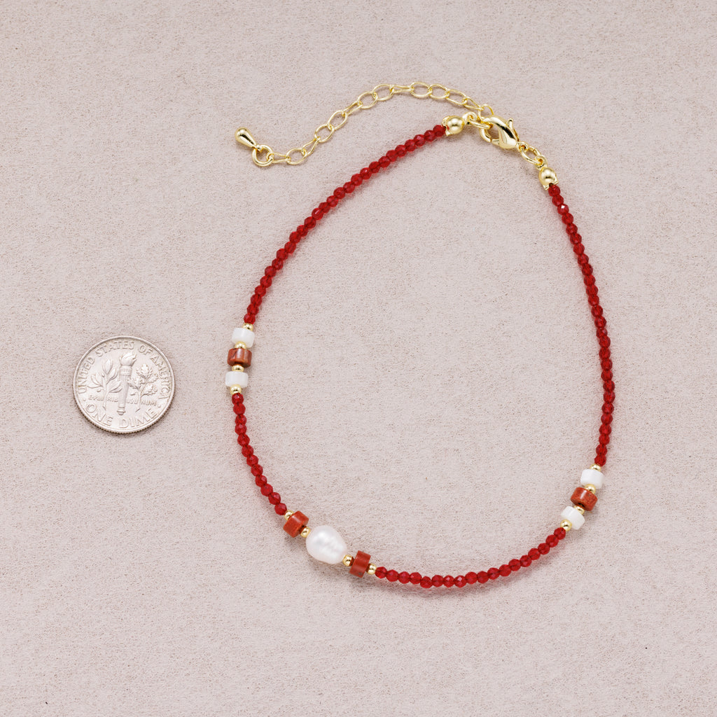 24K Gold Plated Freshwater Pearl Red Crystal Rondelle Gemstone Bracelet