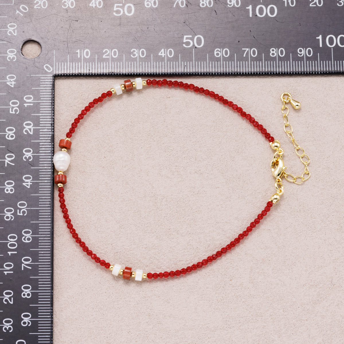 24K Gold Plated Freshwater Pearl Red Crystal Rondelle Gemstone Bracelet