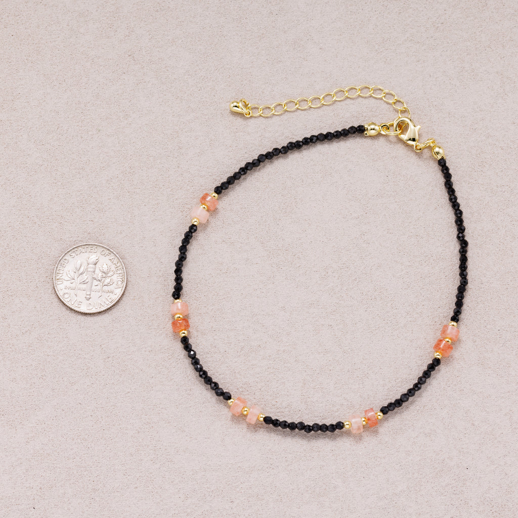 24K Gold Plated Pink Black Multifaceted Tube Gemstone Bracelet