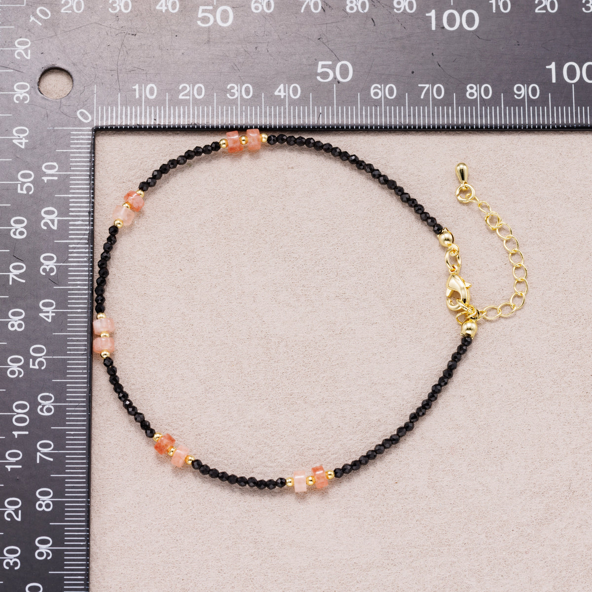 24K Gold Plated Pink Black Multifaceted Tube Gemstone Bracelet
