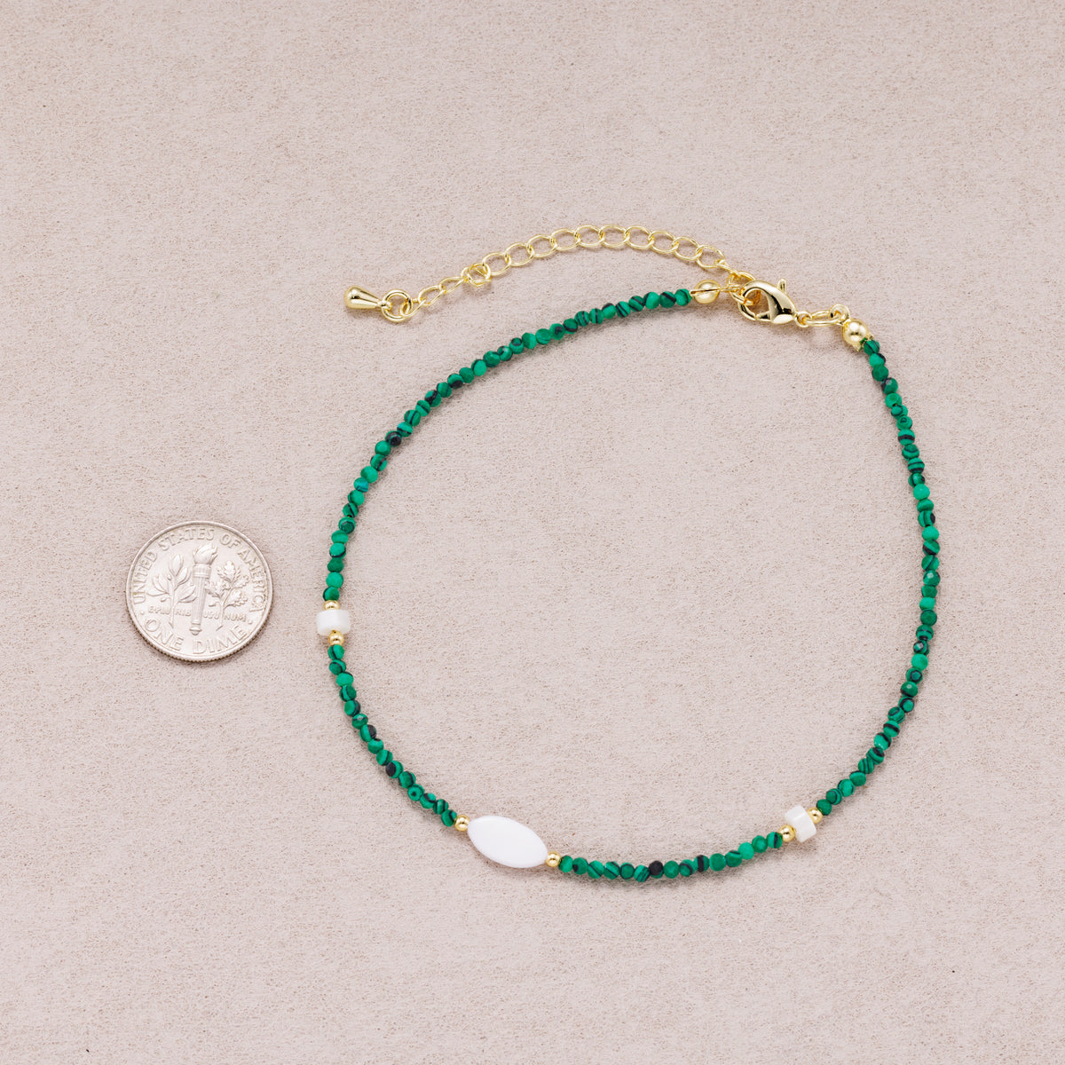 24K Gold Plated Oval Shell Pearl Malachite Multifaceted Gemstone Bracelet