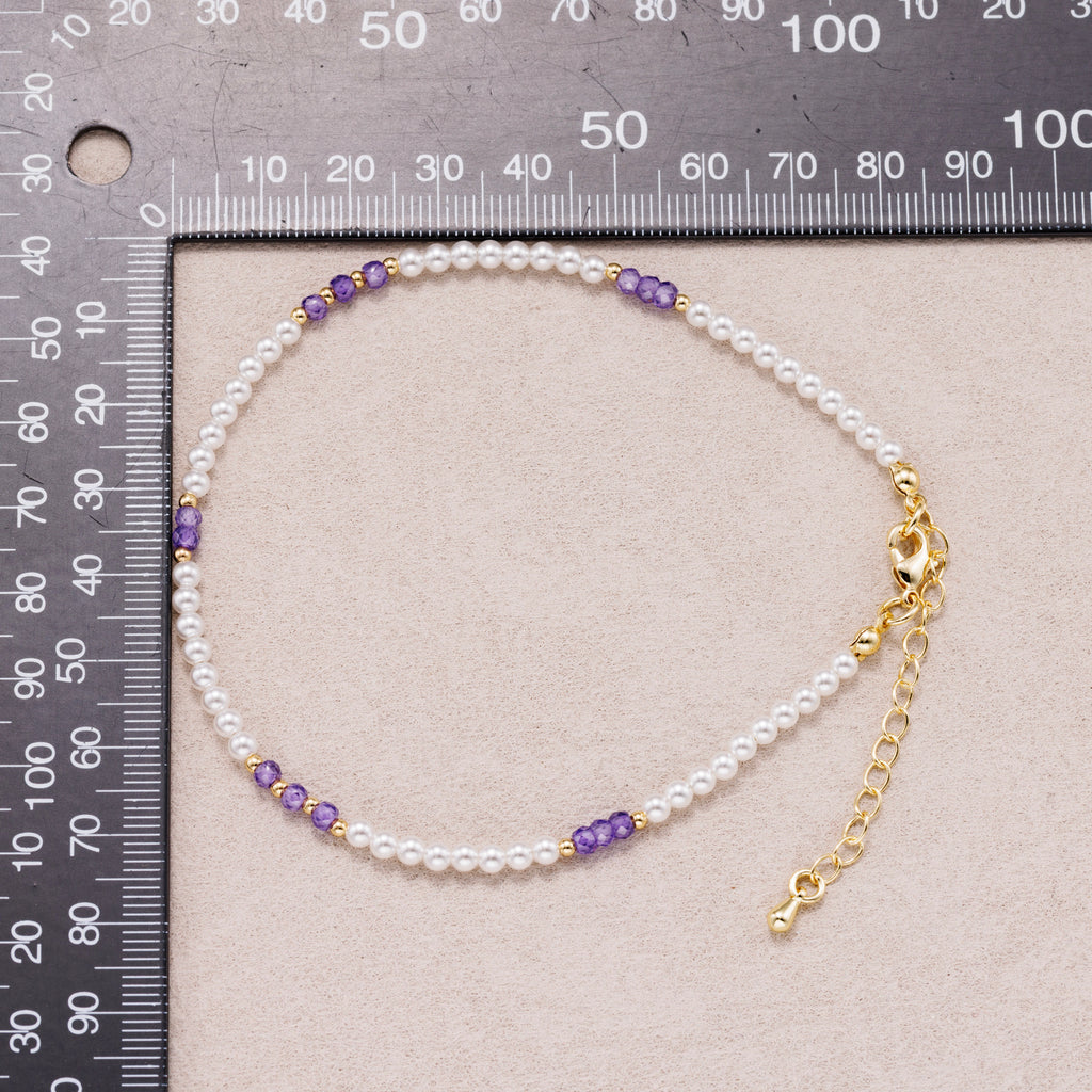 24K Gold Plated Faceted Amethyst Gemstone Shell Pearl Bead Strand Bracelet