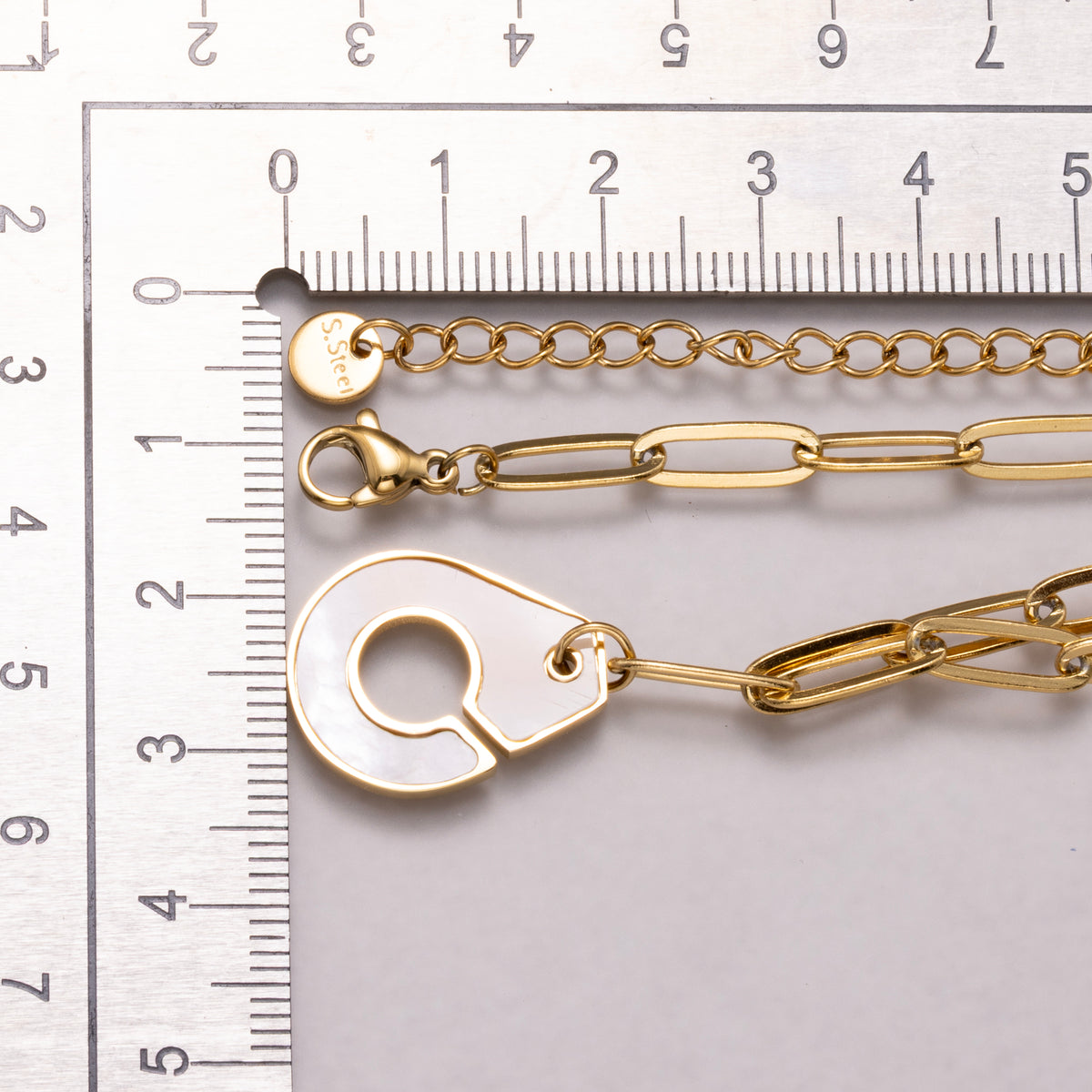 Gold PVD Stainless Steel Mother of Pearl Asymmetric Initial C Paperclip Chain Necklace