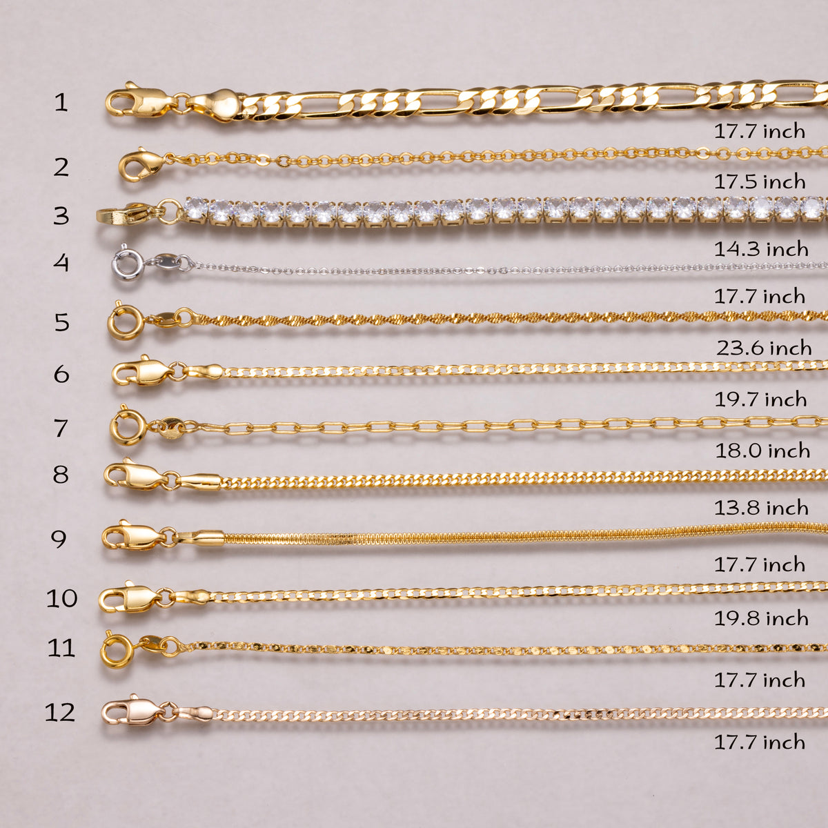 24K Gold Plated Curb Chain Curb, Figaro, Tennis Necklace Ready to Wear for Accessory Gift Idea