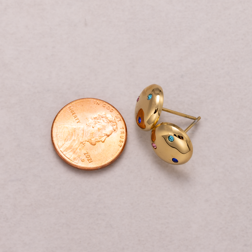 Gold PVD Stainless Steel Multi-Color CZ Puffy Dome Stud Earrings
