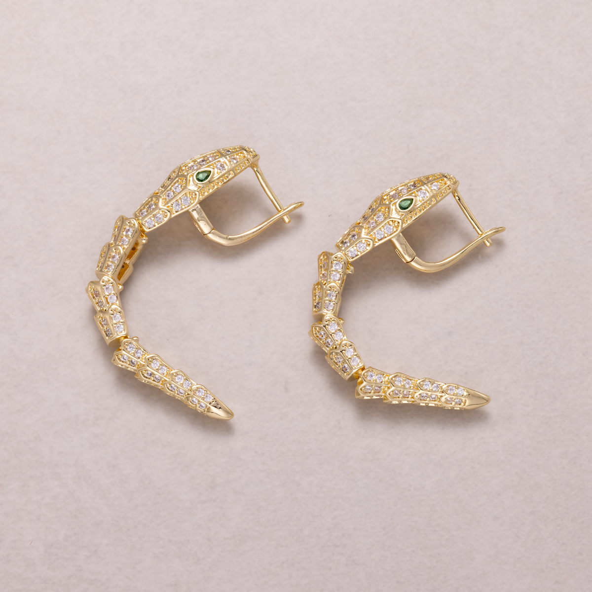 24K Gold Plated Micro Paved CZ Emerald Green Eyes Snake Articulated Drop Hoop Earrings