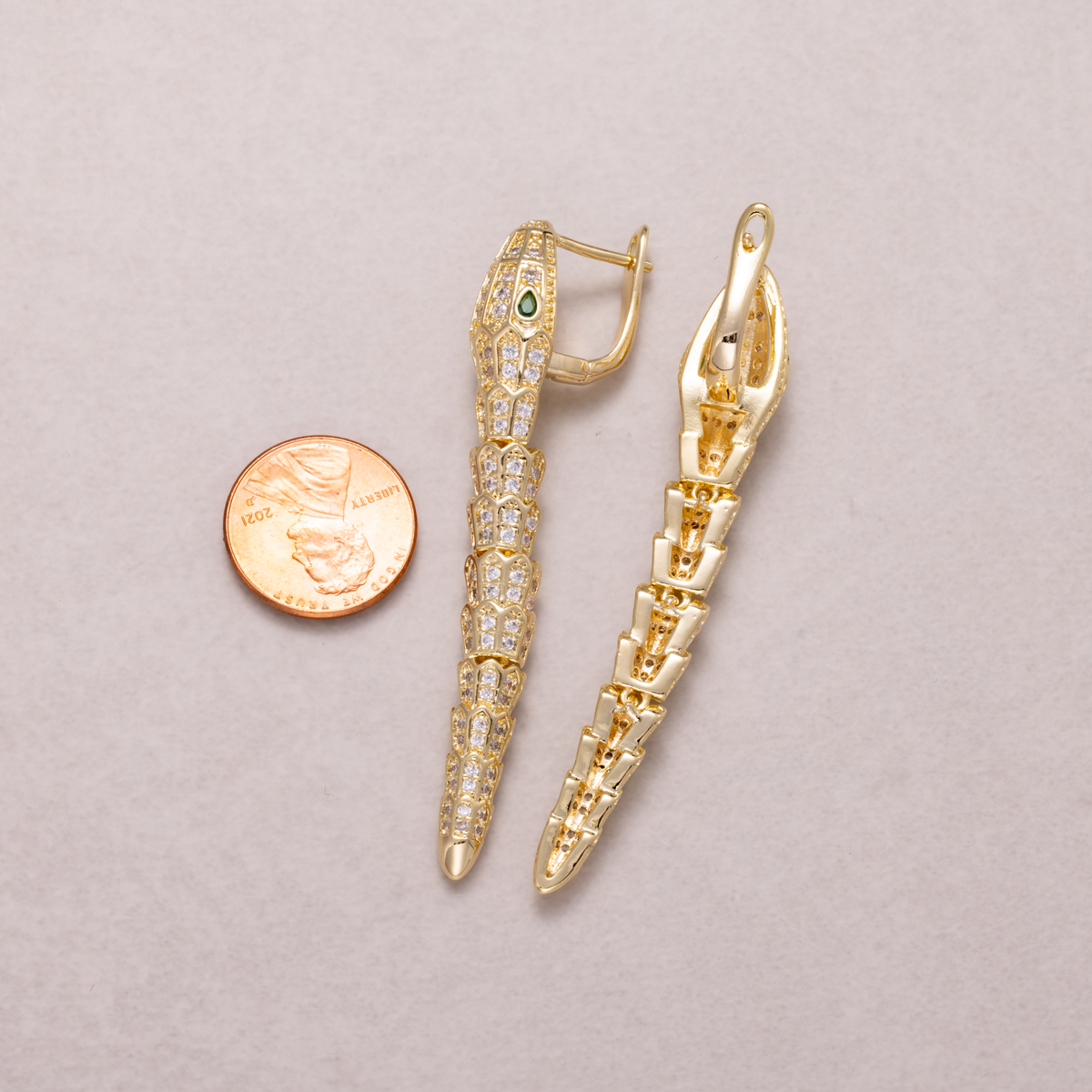 24K Gold Plated Micro Paved CZ Emerald Green Eyes Snake Articulated Drop Hoop Earrings