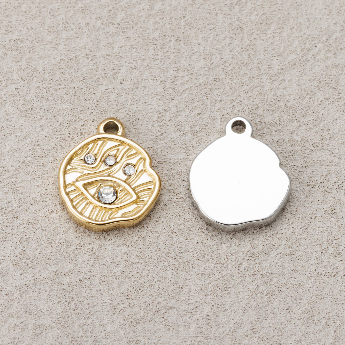 Launch Promo: 24K Gold PVD Stainless Steel Clear CZ Hammered Evil Eye Charm | Sold Each