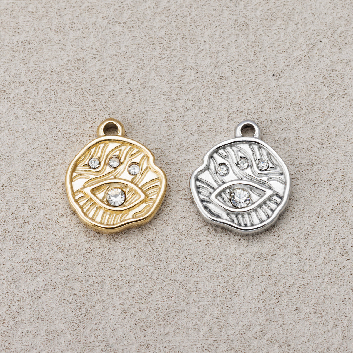 Launch Promo: 24K Gold PVD Stainless Steel Clear CZ Hammered Evil Eye Charm | Sold Each