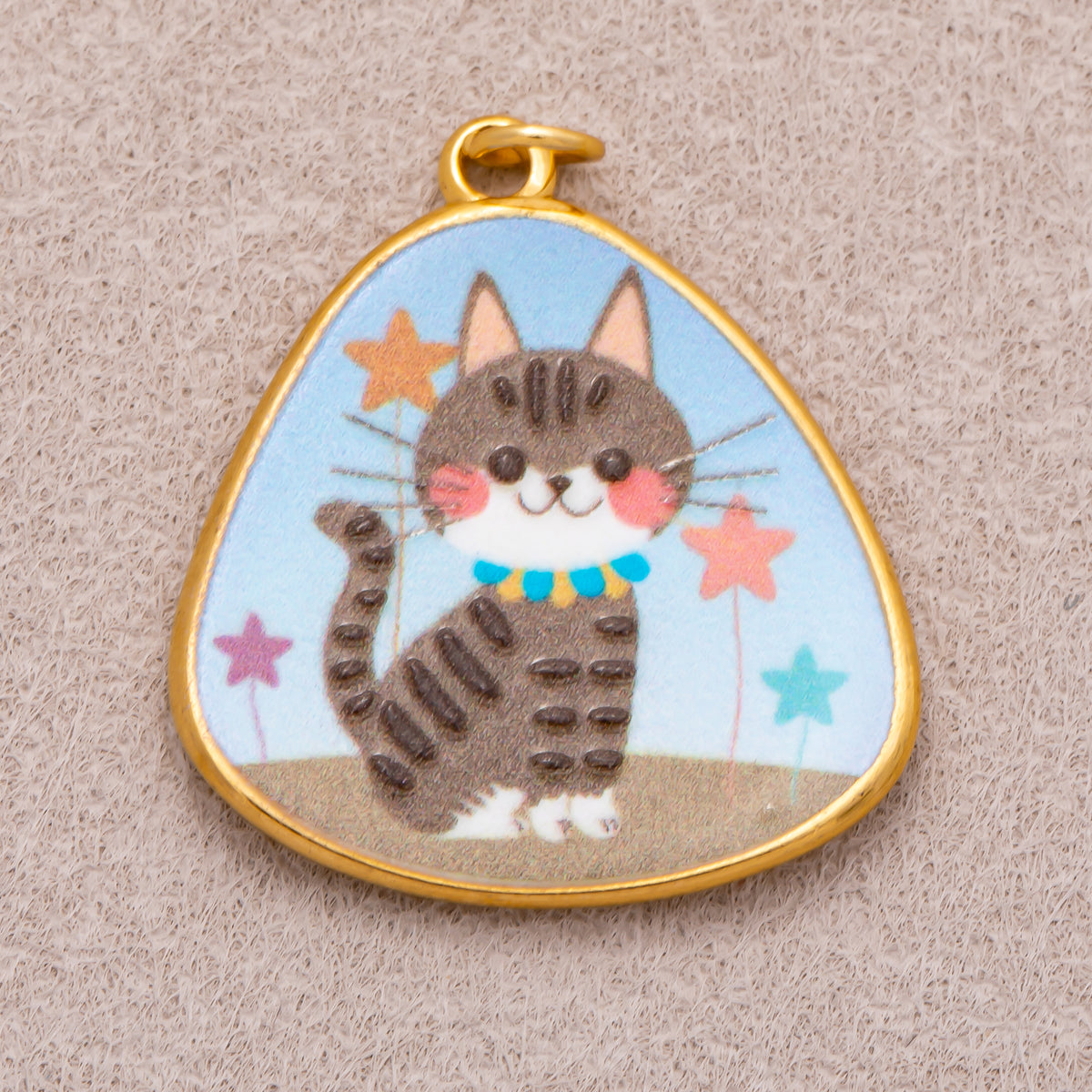 Gold PVD Stainless Steel Hand Painted Enamel Lovely Doves & Kitty Pet Charm