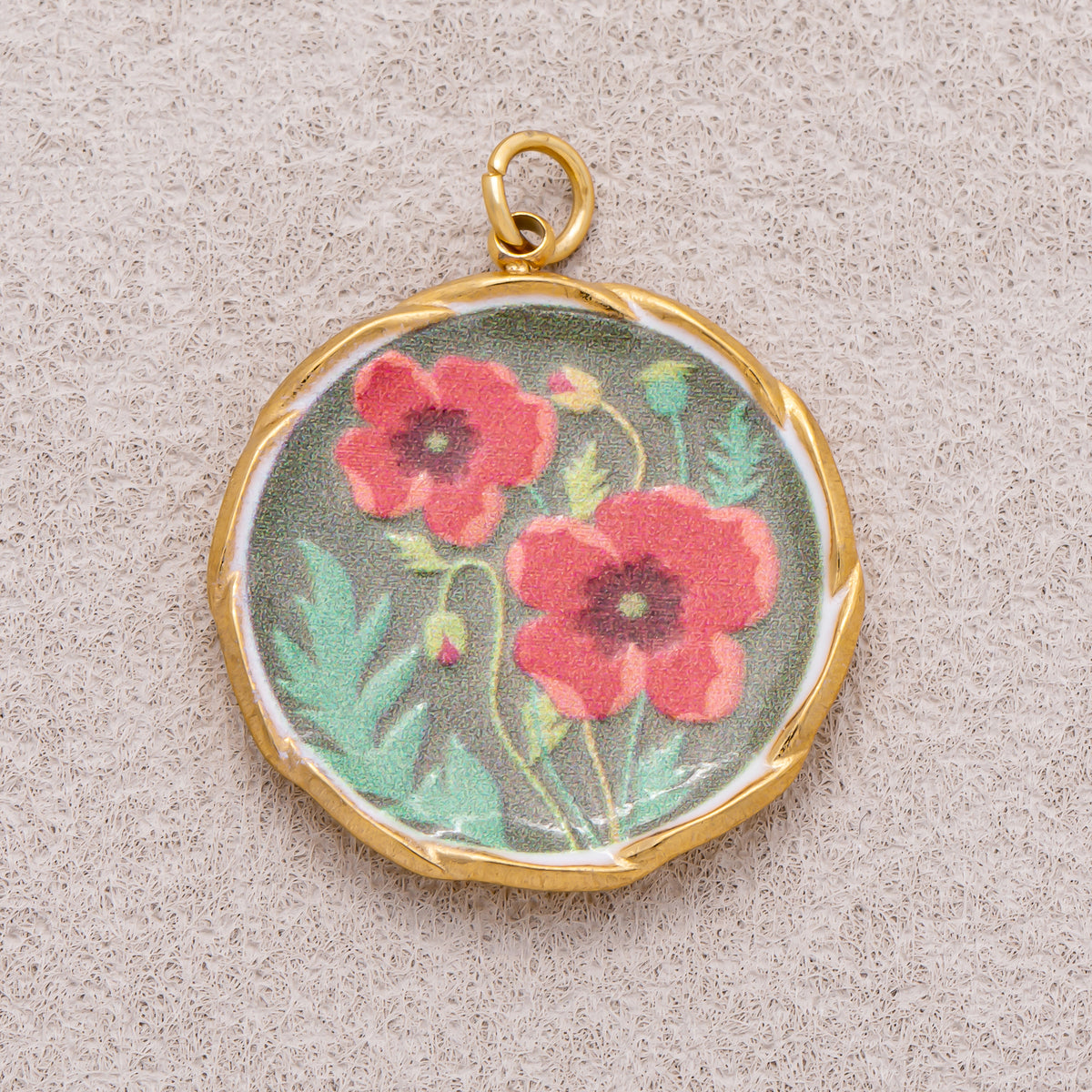 Gold PVD Stainless Steel Hand-Painted Red Poppy Flower Round Charm