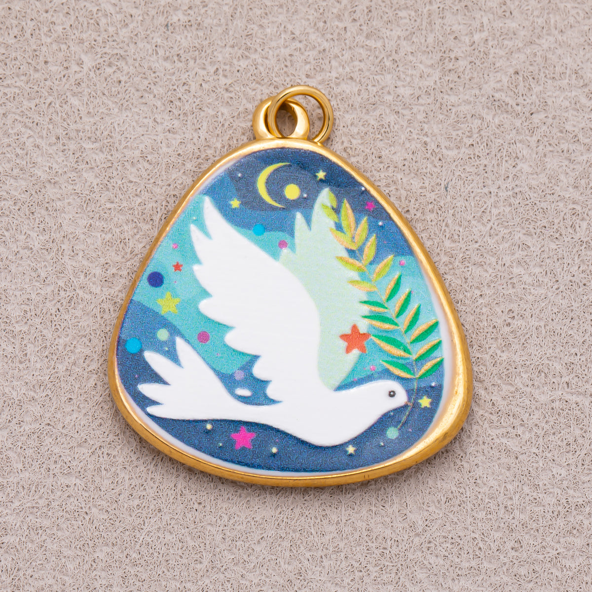 Gold PVD Stainless Steel Hand Painted Enamel Lovely Doves & Kitty Pet Charm