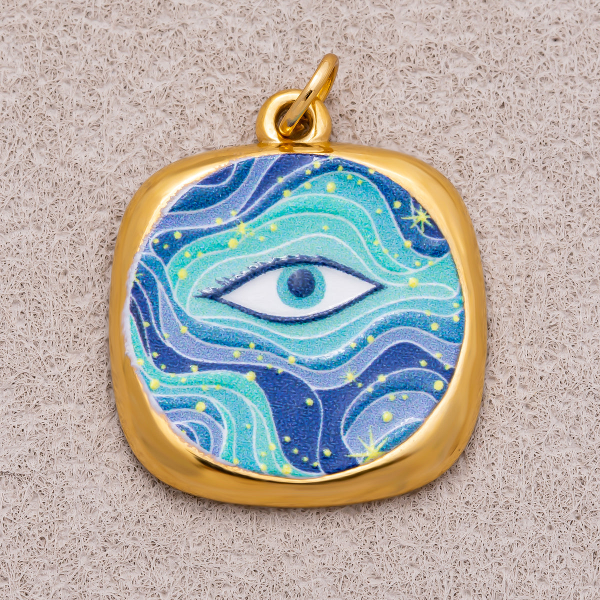 Gold PVD Stainless Steel Blue Enamel Galaxy Style Evil Eye Charm