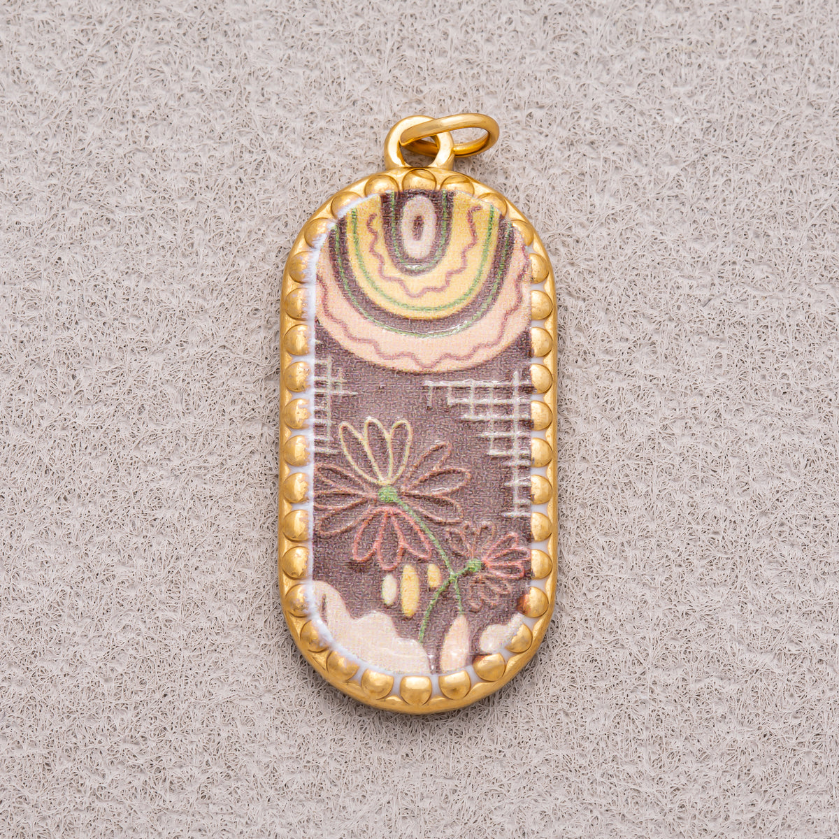 Gold PVD Stainless Steel Oval Floral Enamel Tag Pendants