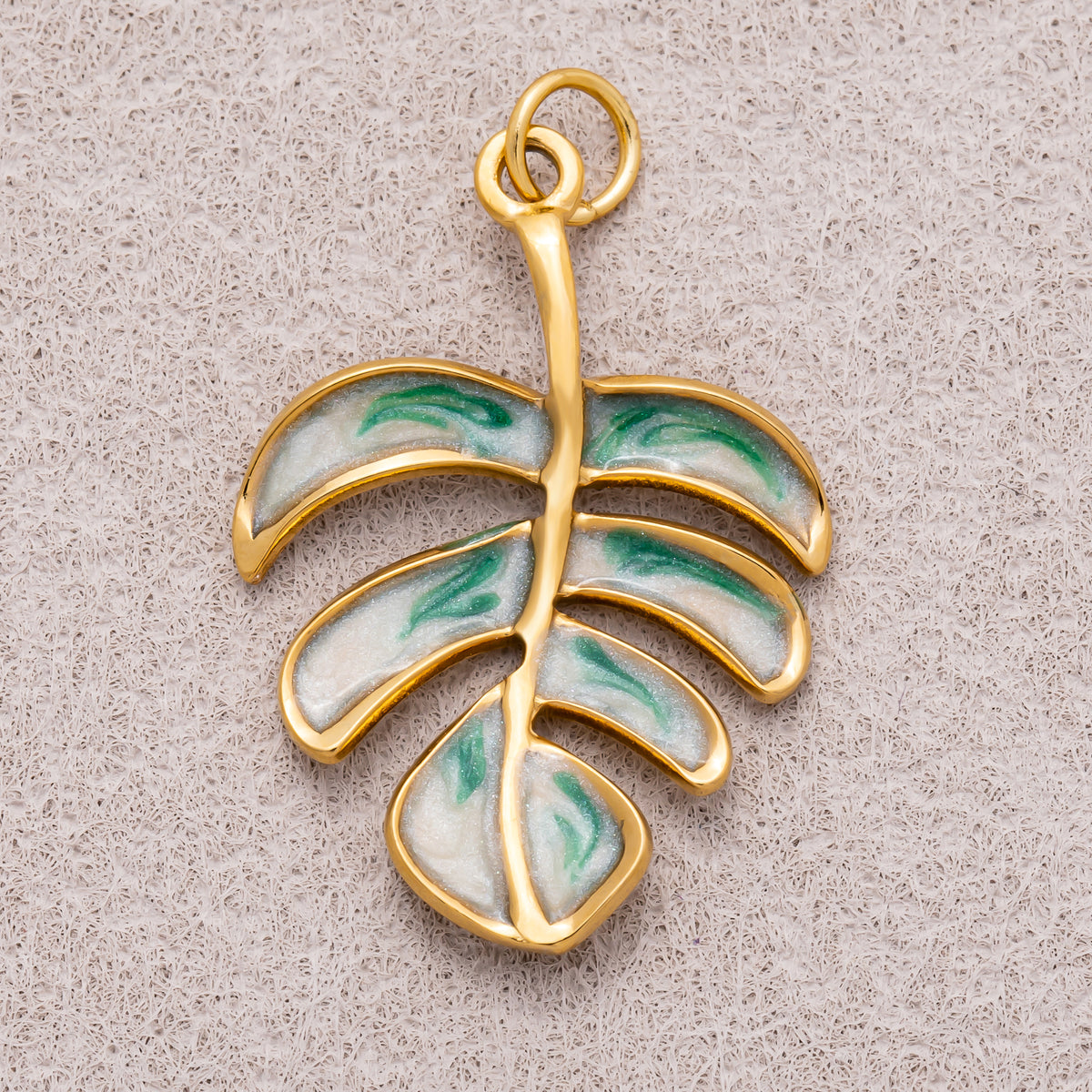 Gold PVD Stainless Steel Green Enamel Tropical Palm Tree Leaf Monstera Charm