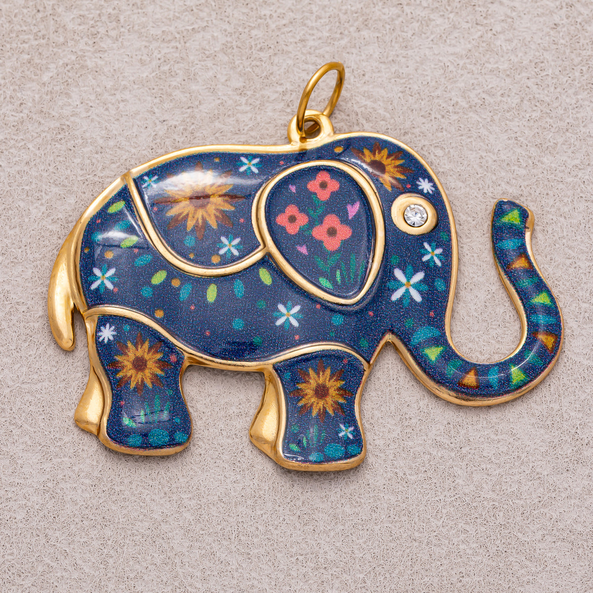 Gold PVD Stainless Steel Blue Flower Enamel CZ Elephant Statement Charm