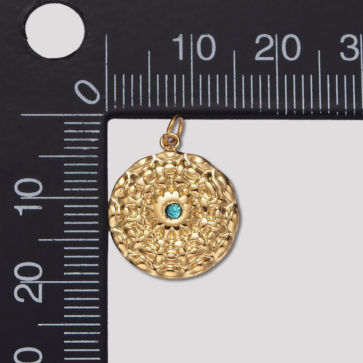 Launch Promo: 14K Gold PVD Stainless Steel Turquoise CZ Textured Bohemian Style Sunburst Charm | Sold Each