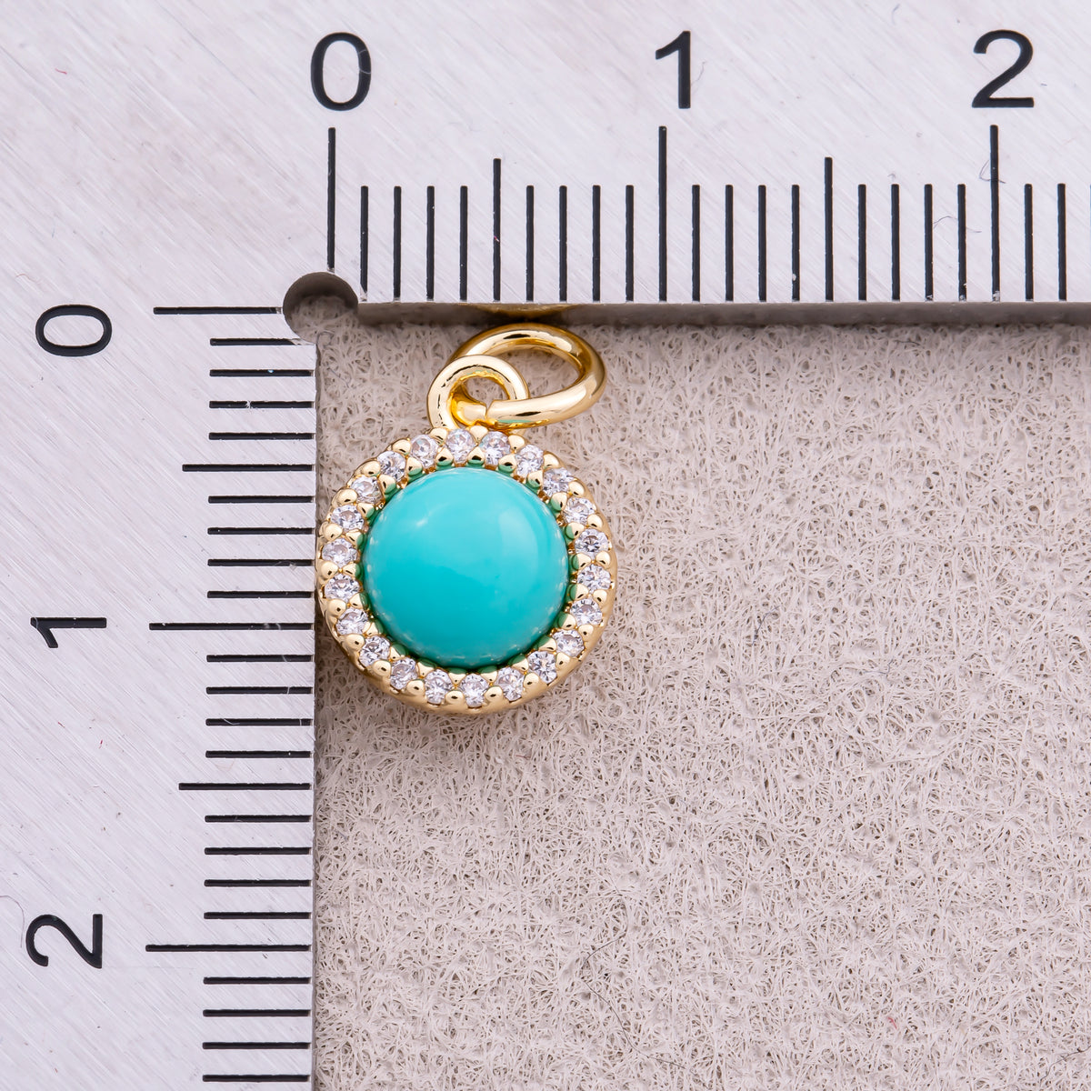 18K Gold Plated Micro Paved CZ Turquoise Natural Gemstone Mini Round Charm - Sold Each