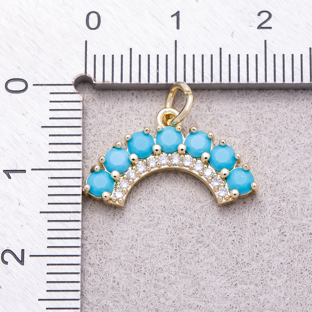16K Gold Plated Clear and Turquoise Micro Paved CZ Curved Arch Rainbow Charm - Sold Each