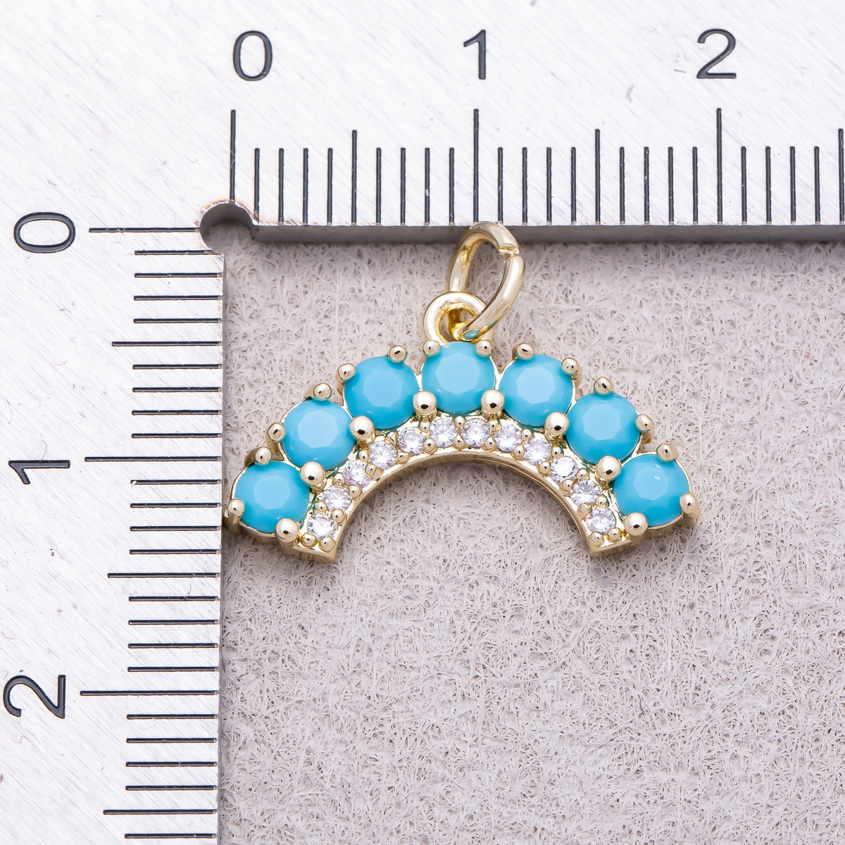 16K Gold Plated Clear and Turquoise Micro Paved CZ Curved Arch Rainbow Charm - Sold Each