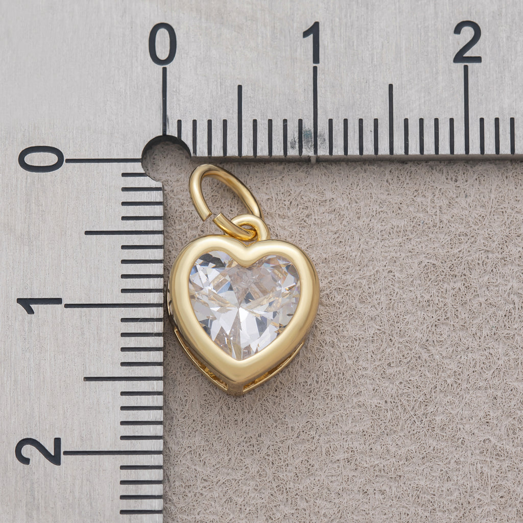 16K Gold Plated Clear CZ Minimalist Bezel Heart Charm - Sold Each