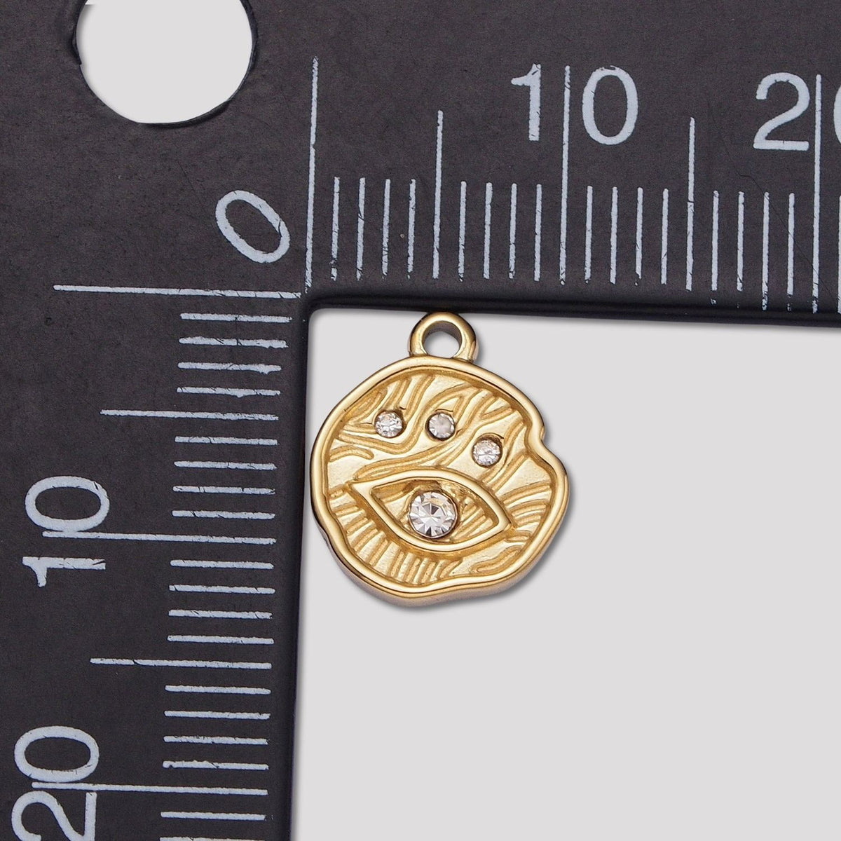 Launch Promo: 24K Gold PVD Stainless Steel Clear CZ Hammered Evil Eye Charm | Sold Each
