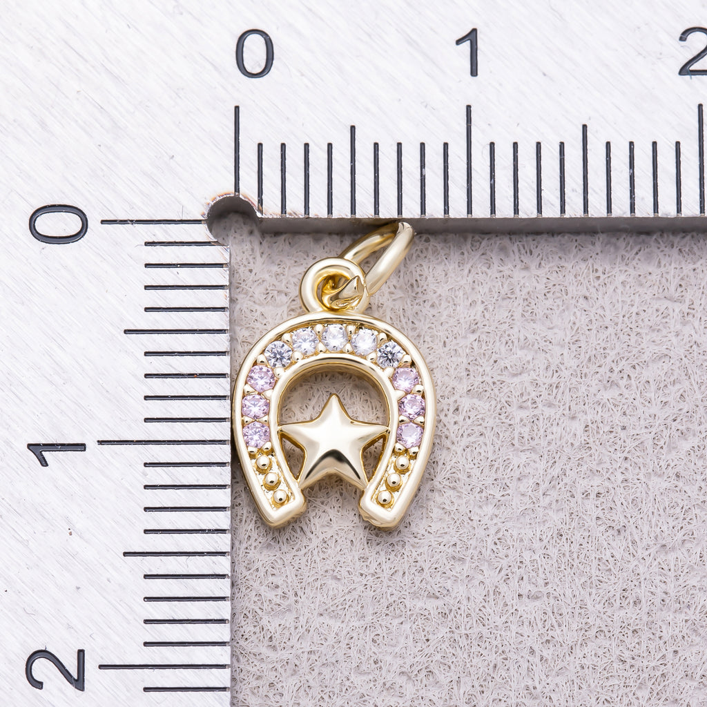 16K Gold Plated Micro Paved CZ Plain Star Lucky Horseshoe Charm - Sold Each