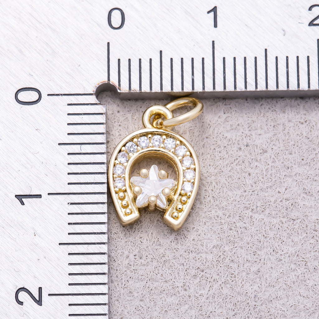 16K Gold Plated Clear Star CZ Lucky Horseshoe Charm - Sold Each