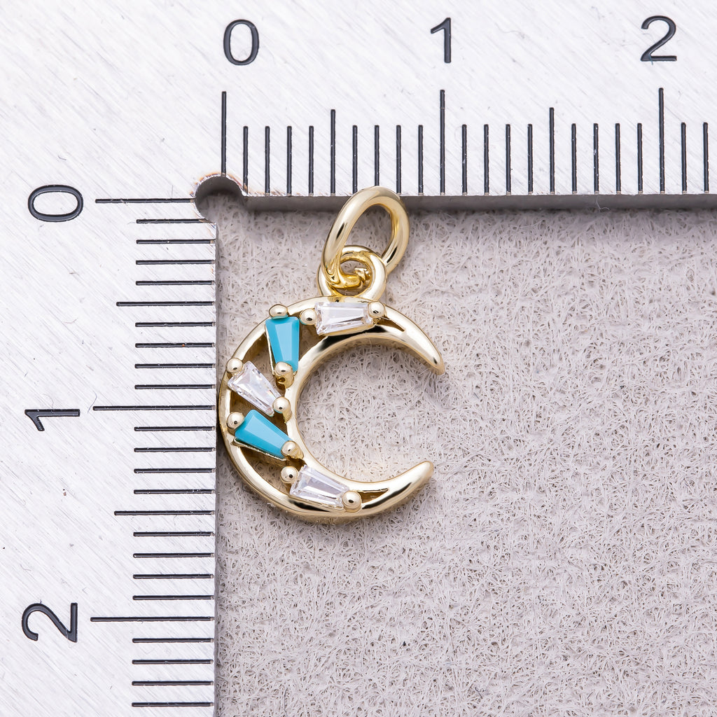 16K Gold Plated Turquoise & Clear CZ Celestial Crescent Moon Charm - Sold Each