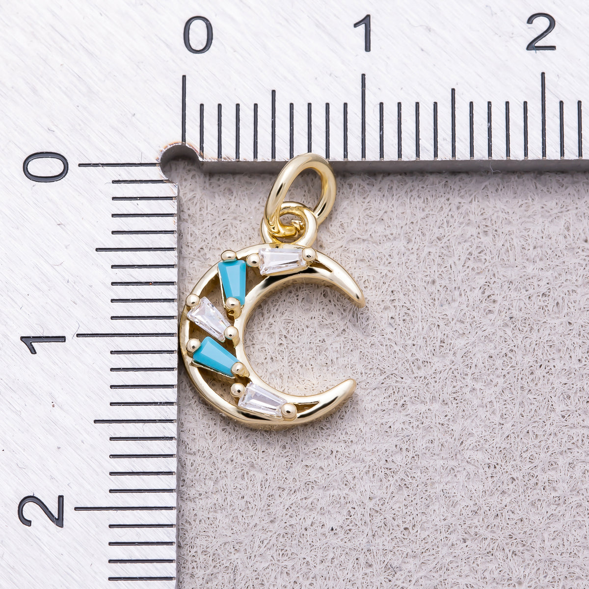 16K Gold Plated Turquoise & Clear CZ Celestial Crescent Moon Charm - Sold Each