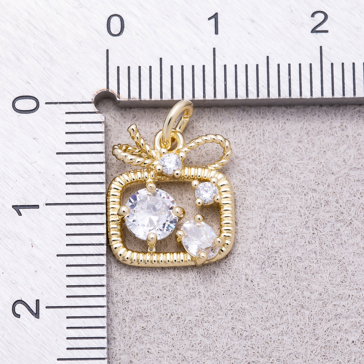 16K Gold Plated Clear CZ Ribbed Gift Box Ribbon Bow Charm - Sold Each