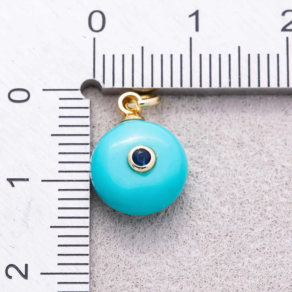 16K Gold Plated Blue CZ Embedded Blue Apatite Gemstone Round Charm - Sold Each