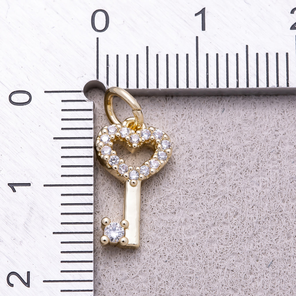 16K Gold Plated Micro Paved CZ Heart Bow Key Charm - Sold Each