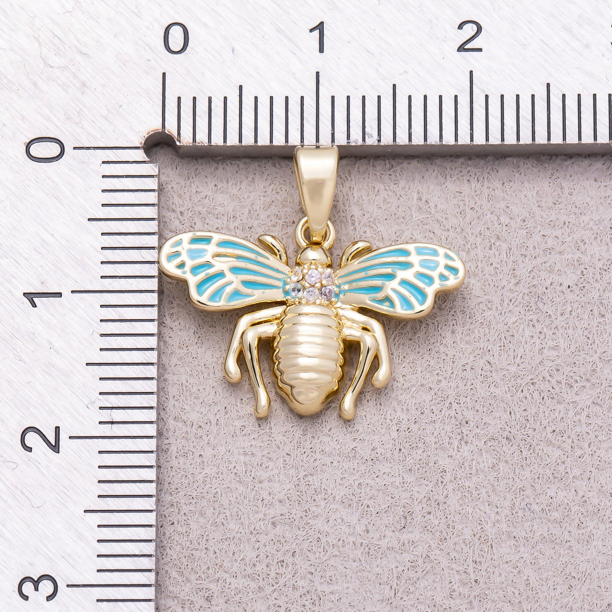 16K Gold Plated Clear CZ Blue Enamel Bumble Bee Animal Pendant - Sold Each