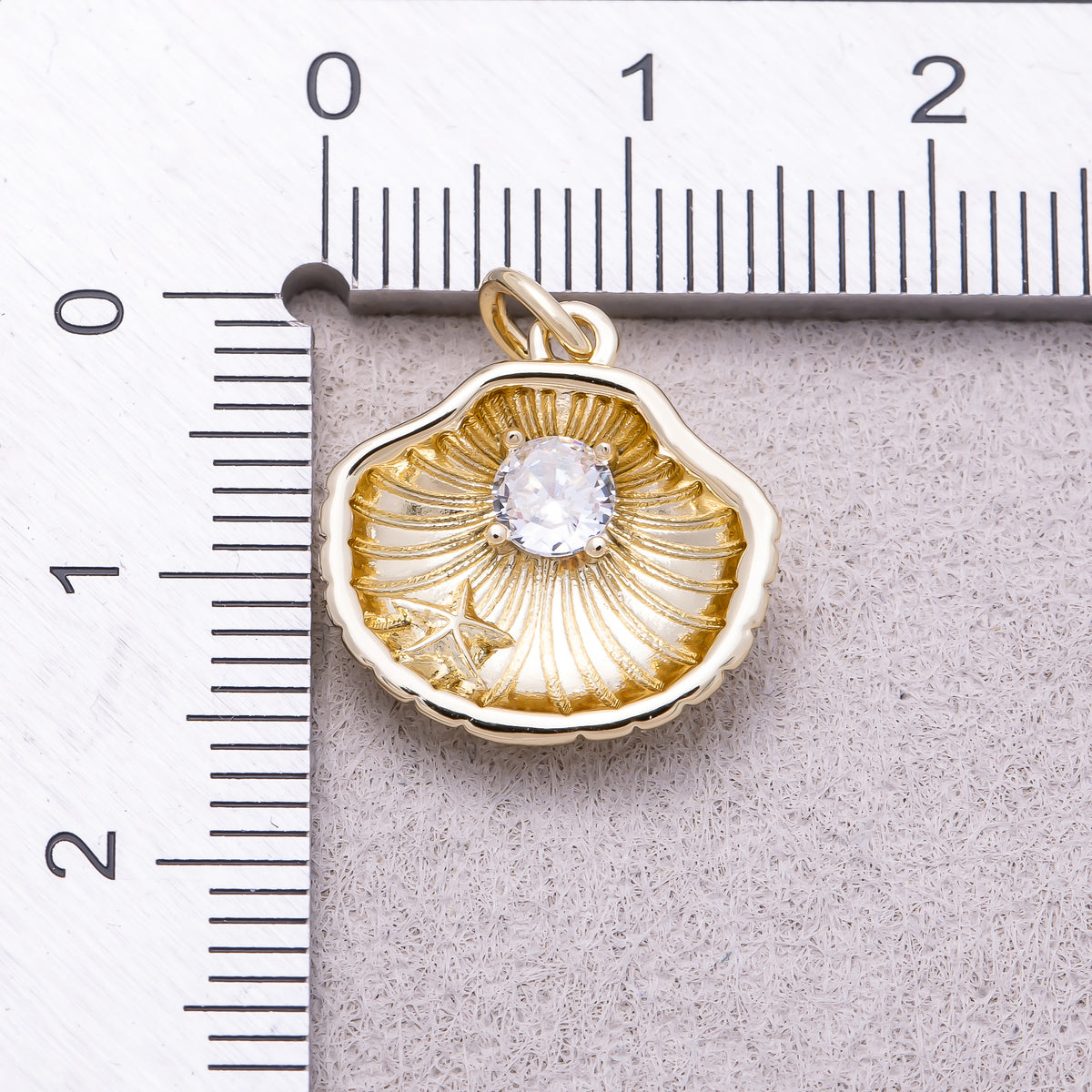 16K Gold Plated Round CZ Nautical Seashell Ocean Charm - Sold Each