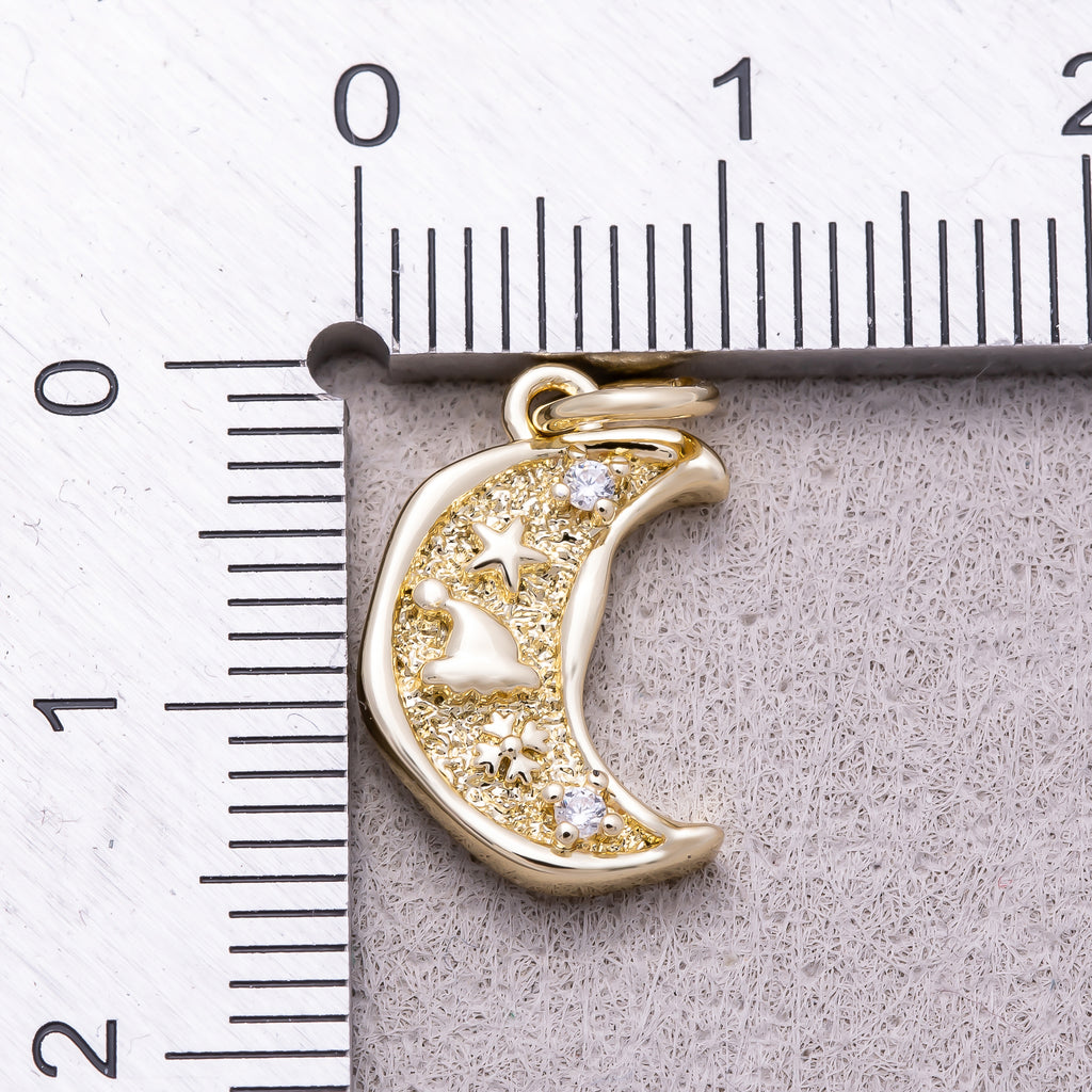 16K Gold Plated Clear CZ Textured Celestial Crescent Moon Charm - Sold Each