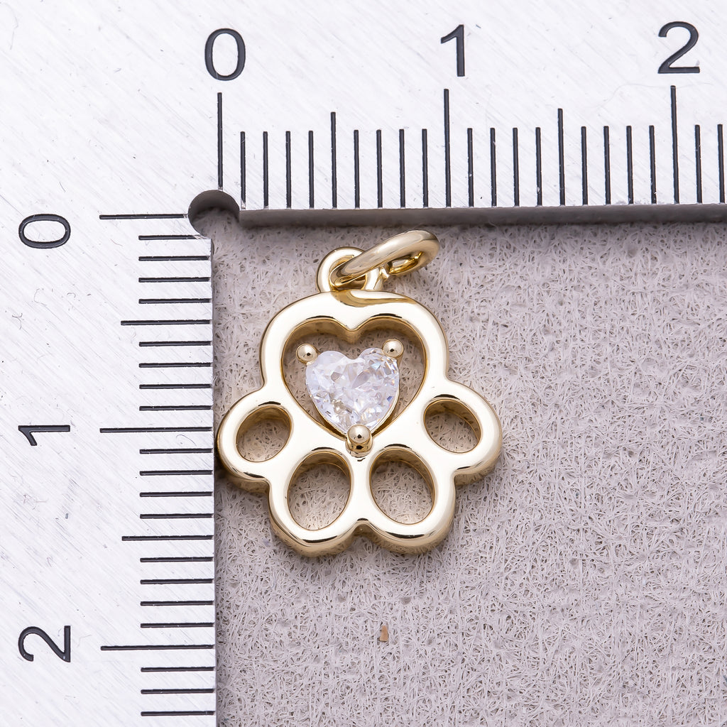 16K Gold Plated Heart CZ Filigree Paw Print Charm - Sold Each