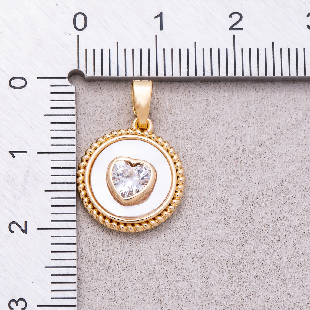 16K Gold Plated Clear CZ Heart Shell Pearl Croissant Bezel Round Pendant - Sold Each
