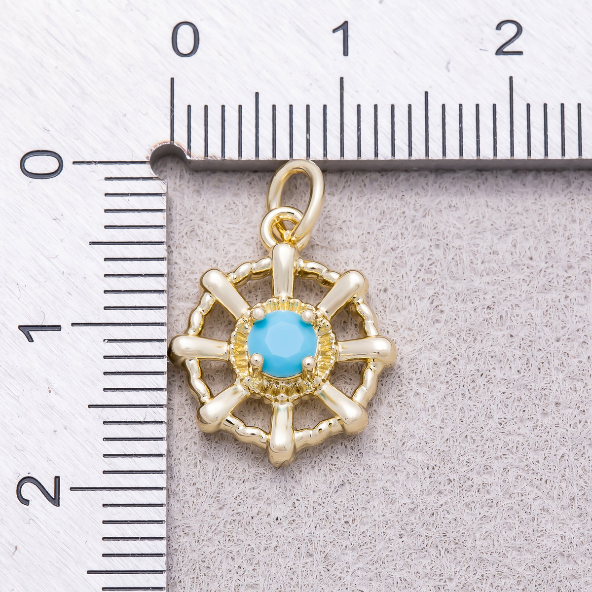 16K Gold Plated Turquoise CZ Nautical Ship Wheel Compass Charm - Sold Each