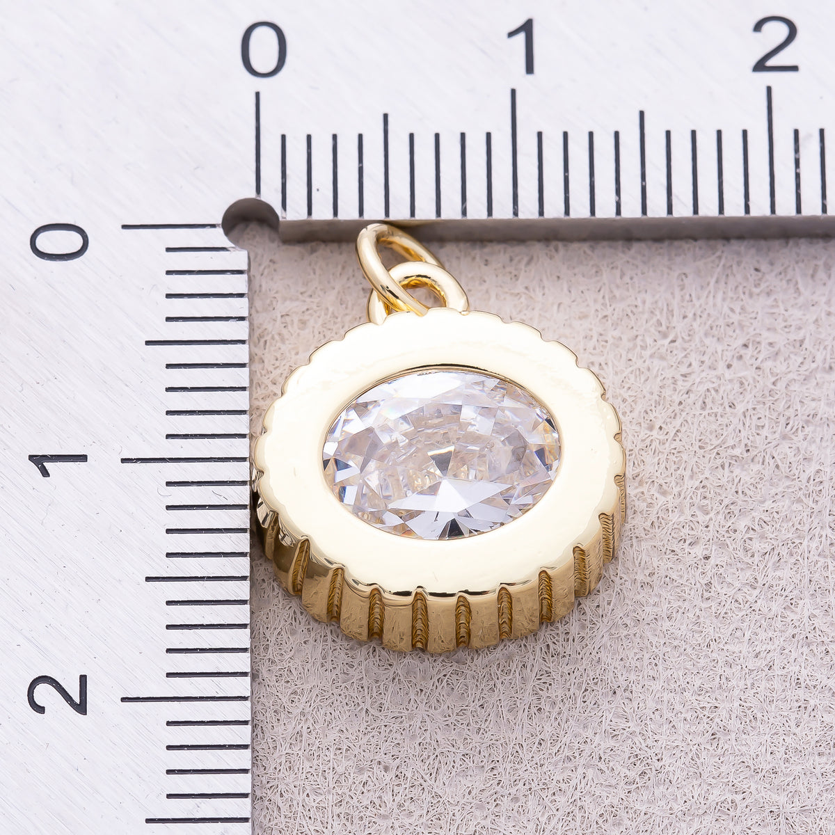 16K Gold Plated Clear CZ Round Solitaire Ribbed Charm - Sold Each