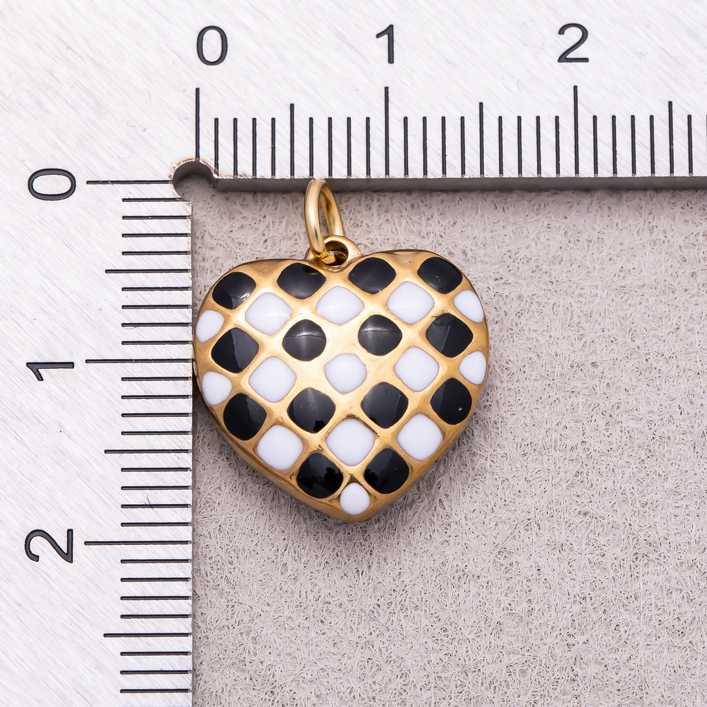 Gold PVD Stainless Steel Black and White Enamel Checkerboard Puffy Heart Charm