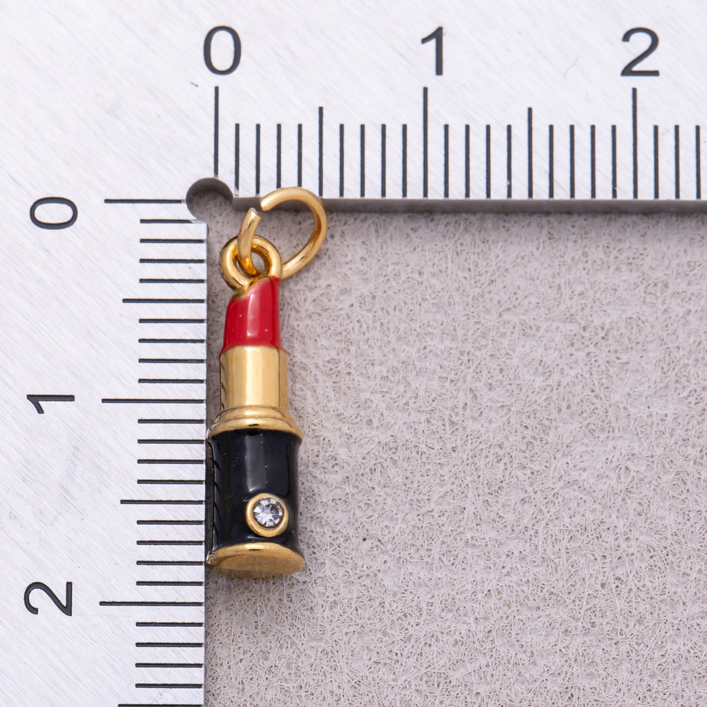 Gold PVD Stainless Steel Clear CZ Red Enamel Lipstick Make Up Charm