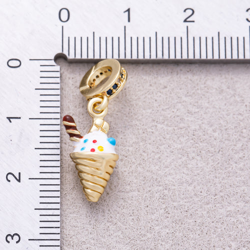16K Gold Plated Micro Paved CZ Slider Colorful Enamel Ice Cream Cone Pendant - Sold Each
